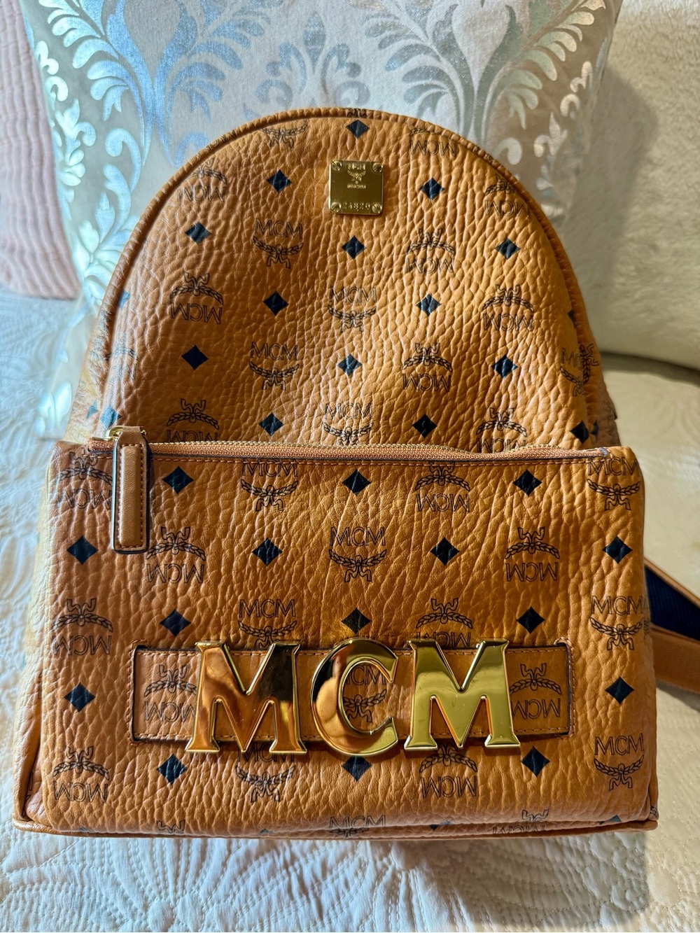MCM Cognac Visetos Logo Backpack with Gold Hardware